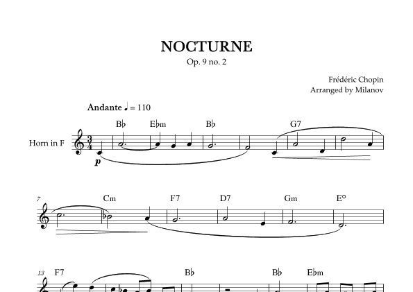 Chopin Nocturne op. 9 no. 2 | Horn in F | B-flat Major | Chords | Easy beginner (arr. Milanov)