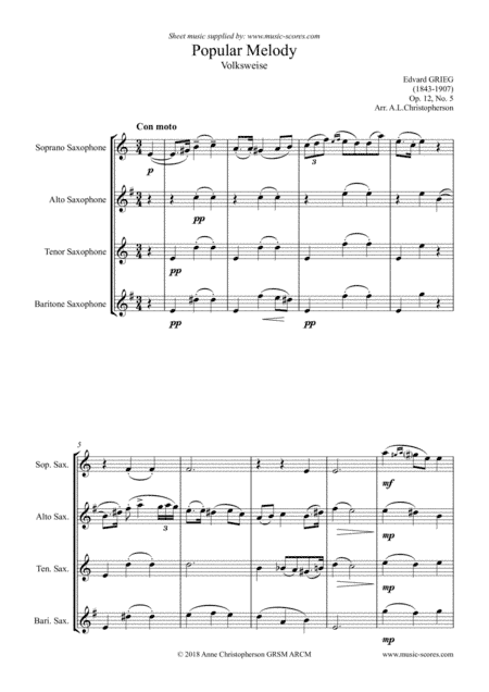 Popular Melody, Op.12, No.5 - Sax Quartet (arr. Anne Christopherson GRSM ARCM)