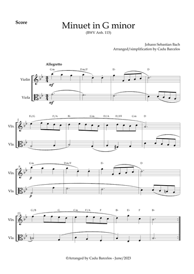 Minuet in G minor BWV anh 115 (Bach) Violin and Viola chords (arr. Cadu Barcelos)