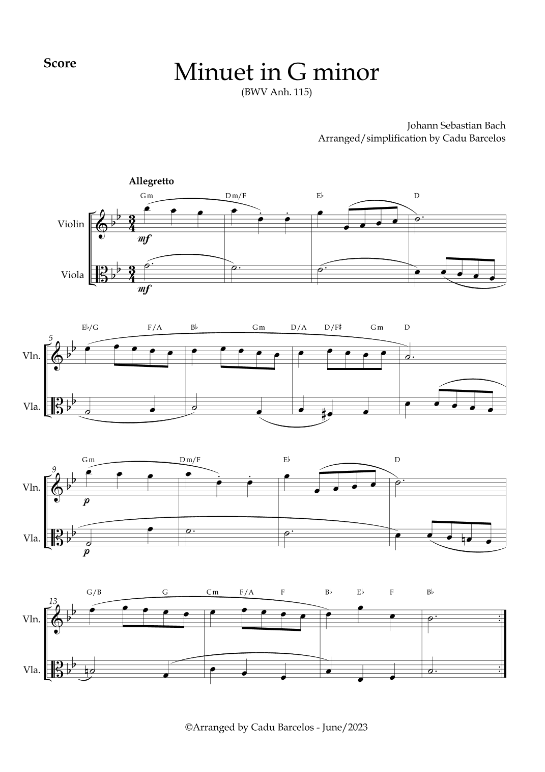 Minuet in G minor BWV anh 115 (Bach) Violin and Viola chords (arr. Cadu Barcelos)
