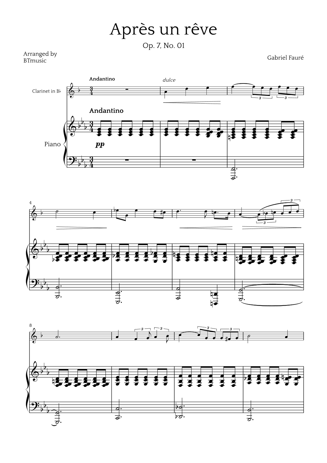 Après un Rêve - Clarinet in Bb and Piano (arr. BTmusic)