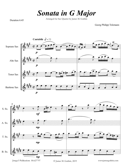 Telemann: Sonata in G Major for Sax Quartet (arr. James M. Guthrie, ASCAP)