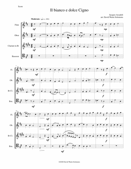 Il bianco e dolce cigno arranged for wind quartet (arr. David Warin Solomons)