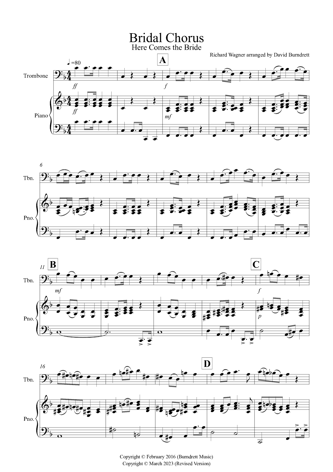 Bridal Chorus "Here Comes The Bride" for Trombone and Piano (arr. David Burndrett)