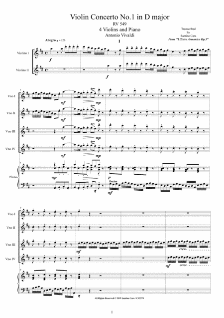 Vivaldi - Violin Concerto No.1 in D major RV 549 Op.3 for 4 Violins and Piano (arr. Santino Cara)