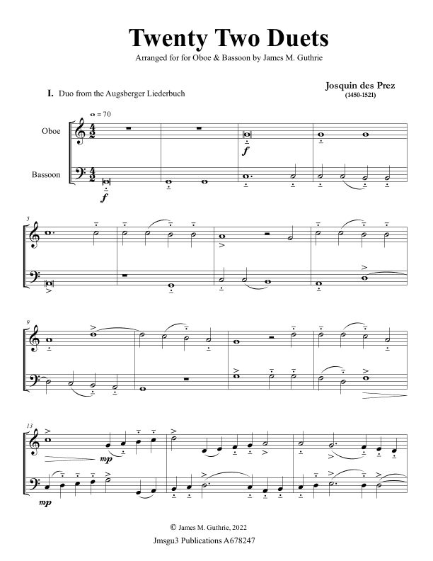Josquin: 22 Duets for Oboe & Bassoon (arr. James M. Guthrie)
