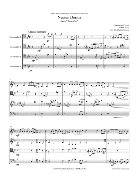 Nessun Dorma - Cello Quartet - equal parts (arr. Anne L Christopherson GRSM ARCM)