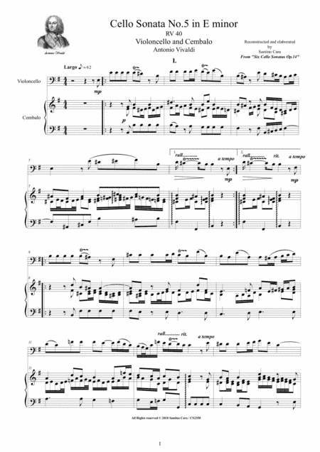 Vivaldi - Cello Sonata No.5 in E minor Op.14 RV 40 for Cello and Cembalo (or Piano) (arr. Santino Cara)