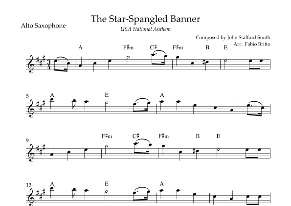 The Star Spangled Banner (USA National Anthem) for Alto Saxophone Solo with Chords (C Major) (arr. Fabio Britto)