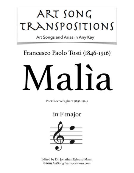 TOSTI: Malìa (transposed to F major) (arr. ArtSongTranspositions.com)