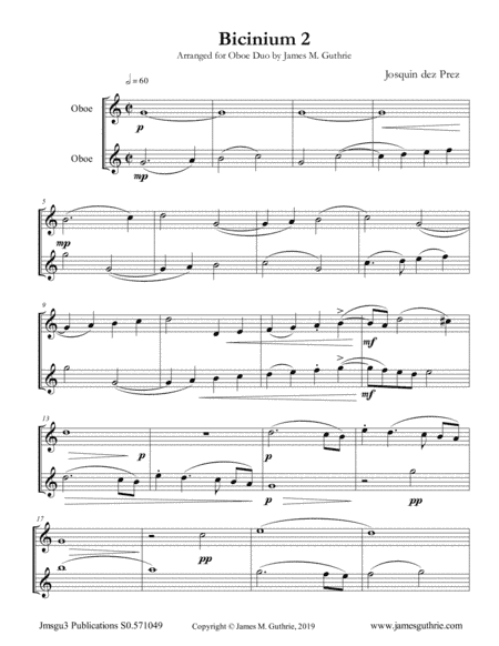 Josquin: Bicinium 2 for Oboe Duo (arr. James M. Guthrie)