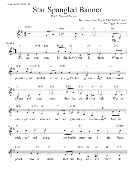 Star Spangled Banner (Key of G) (arr. Duquesnel Music Publishing)