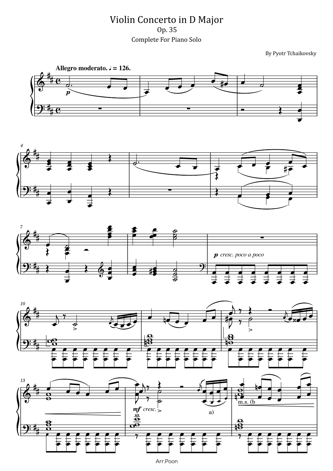 Tchaikovsky - Violin Concerto in D major - Op.35 - Complete For Piano Solo (arr. poon)