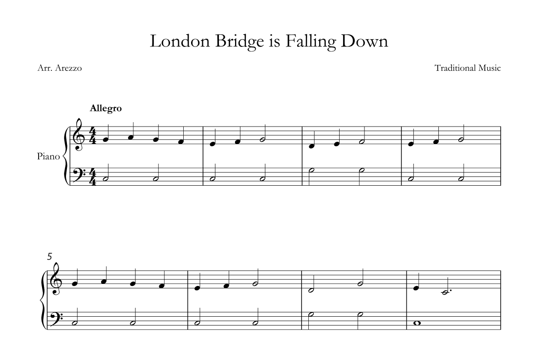 London Bridge is falling down Easy Piano Sheet Music (arr. Arezzo Music)