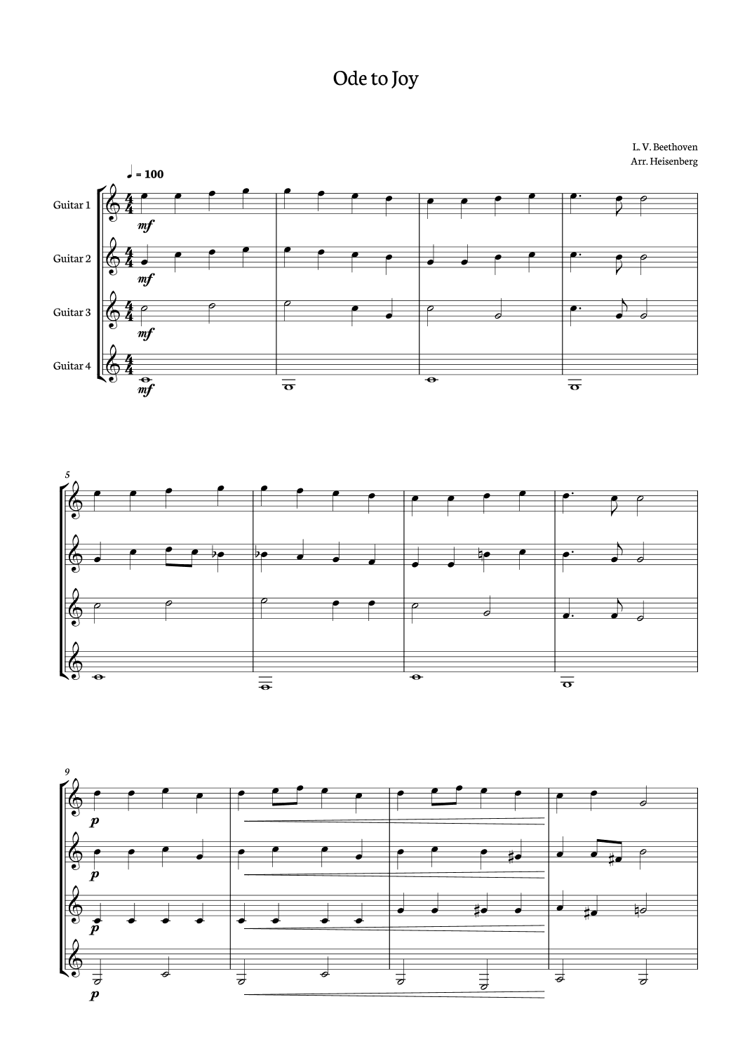 Ode to Joy for Guitar quartet (arr. Heisenberg)