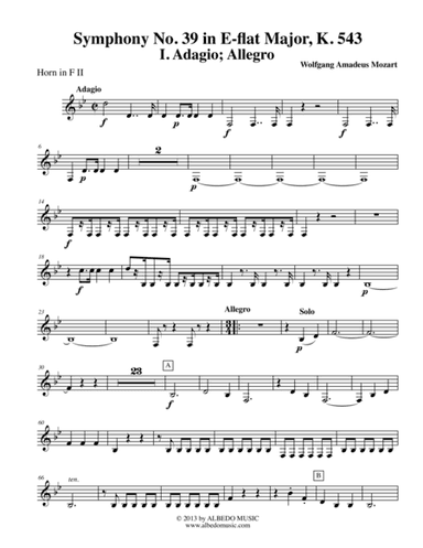 Mozart Symphony No. 39, Movement I - Horn in F 2 (Transposed Part), K. 543 (arr. Doug Clyde)