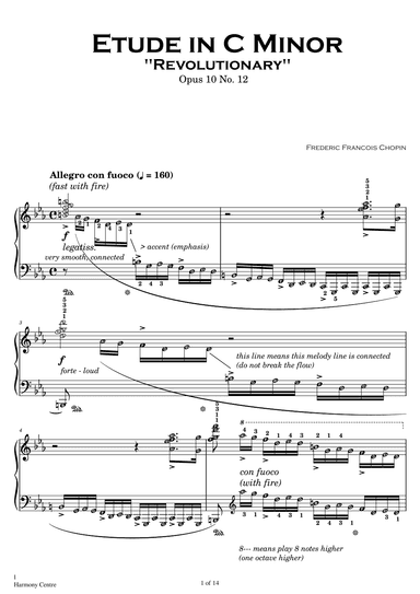 Etude Op. 10 No. 12 Revolutionary CHOPIN Advanced Piano Sheet Music with note names & details (arr. Published Harmony)