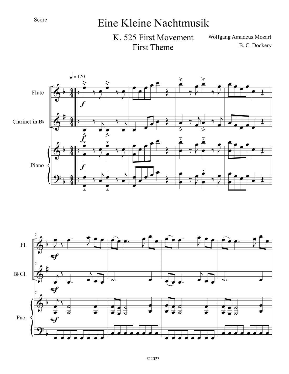 Eine Kleine Nachtmusik (A Little Night Music) for Flute and Clarinet Duet with Piano Accompaniment (arr. B. C. Dockery)