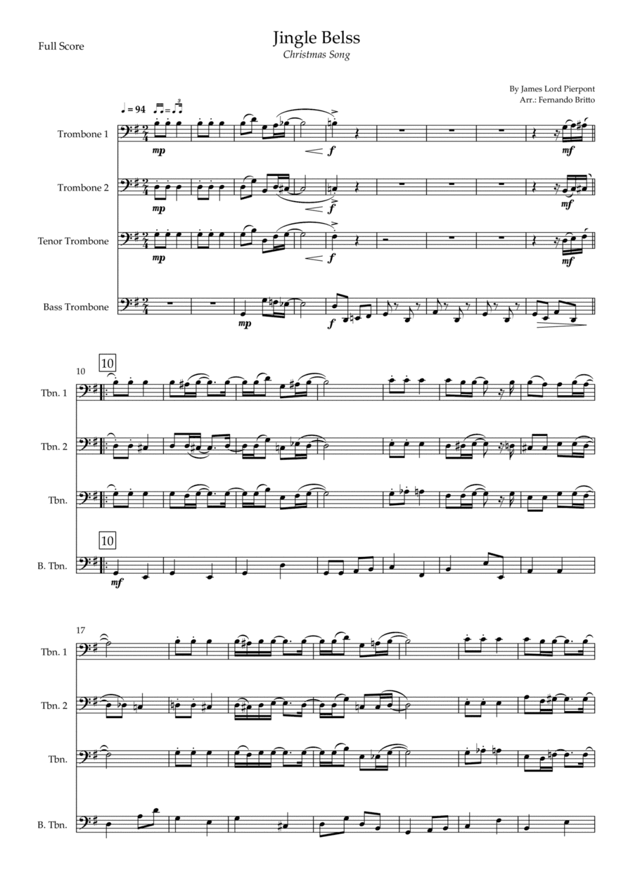 Jingle Bells - Jazz Version (Christmas Song) for Trombone Quartet (arr. Fernando Britto)