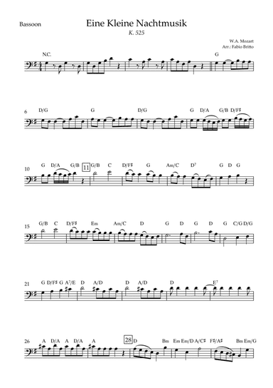 Eine kleine Nachtmusik (W.A. Mozart) for Bassoon Solo with Chords (Simplified) (arr. Fabio Britto)