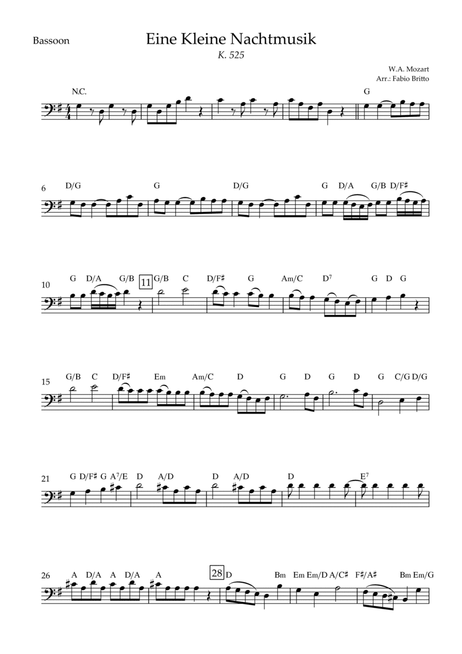 Eine kleine Nachtmusik (W.A. Mozart) for Bassoon Solo with Chords (Simplified) (arr. Fabio Britto)