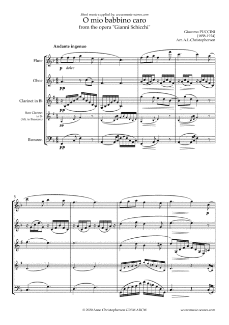 O Mio Babbino Caro - Flute, Oboe, Clarinet, Bass Clarinet or Bassoon (arr. Anne Christopherson GRSM ARCM)