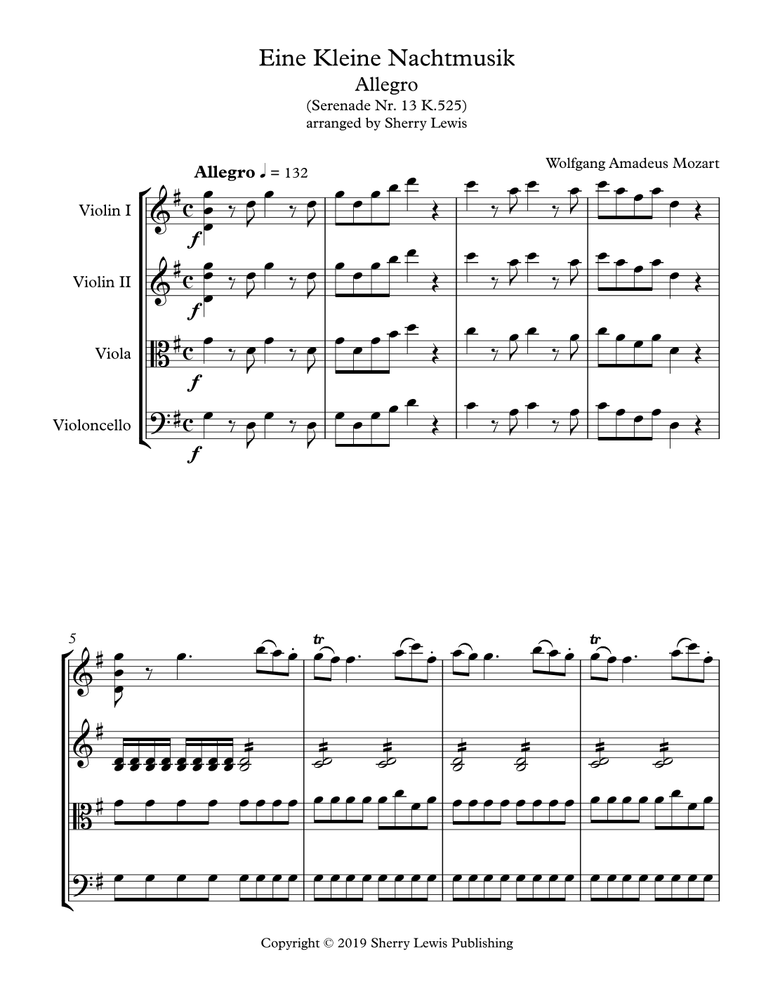 EINE KLEINE NACHTMUSIK - ALLEGRO(1st Mov.) - String Quartet, Intermediate Level (arr. Sherry Lewis)