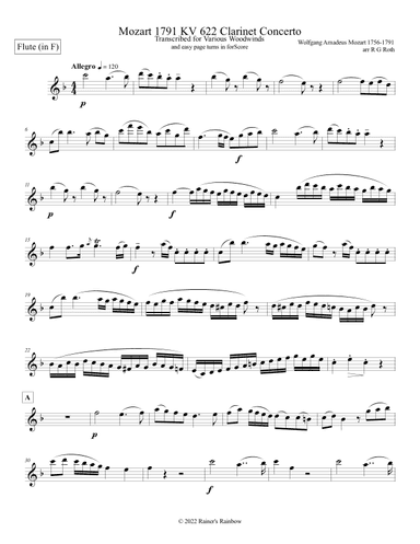 Mozart 1791 KV 622 Clarinet Concerto in F Flute Solo Part Only (arr. R G Roth)