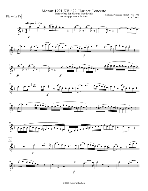 Mozart 1791 KV 622 Clarinet Concerto in F Flute Solo Part Only (arr. R G Roth)