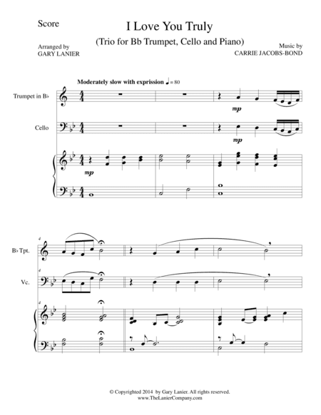 I LOVE YOU TRULY (Trio – Bb Trumpet, Cello, and Piano with Score and Parts) (arr. Gary Lanier)