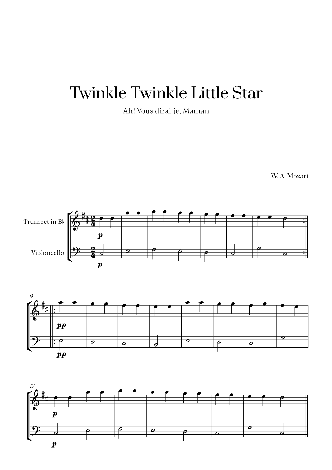 W. A. Mozart - Twinkle Twinkle Little Star for Trumpet in Bb and Cello (arr. Cadenza Editions)