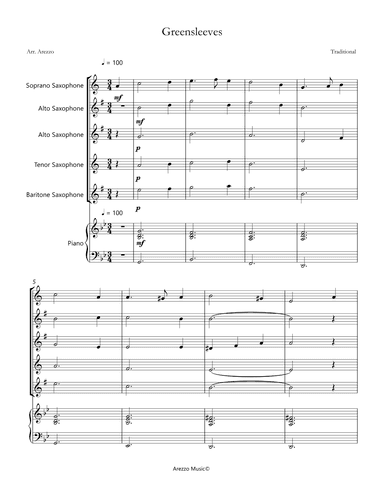greensleeves for saxophone quintet and piano sheet music (arr. Arezzo Music)