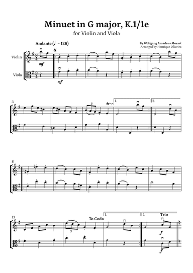 Minuet in G major, K.1/1e (Violin and Viola) - W. A. Mozart (arr. Henrique Oliveira)