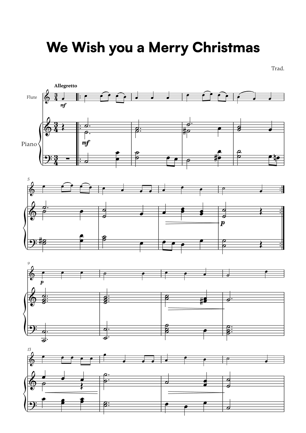 Trad. - We Wish you a Merry Christmas (for Flute and Piano) (arr. Cadenza Editions)