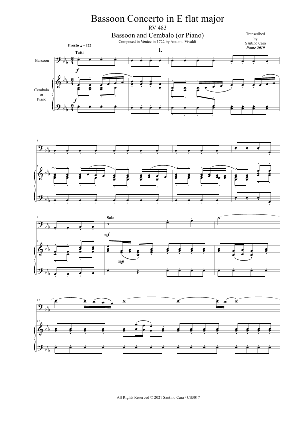 Vivaldi - Bassoon Concerto in E flat major RV 483 for Bassoon and Cembalo (or Piano) (arr. Santino Cara)