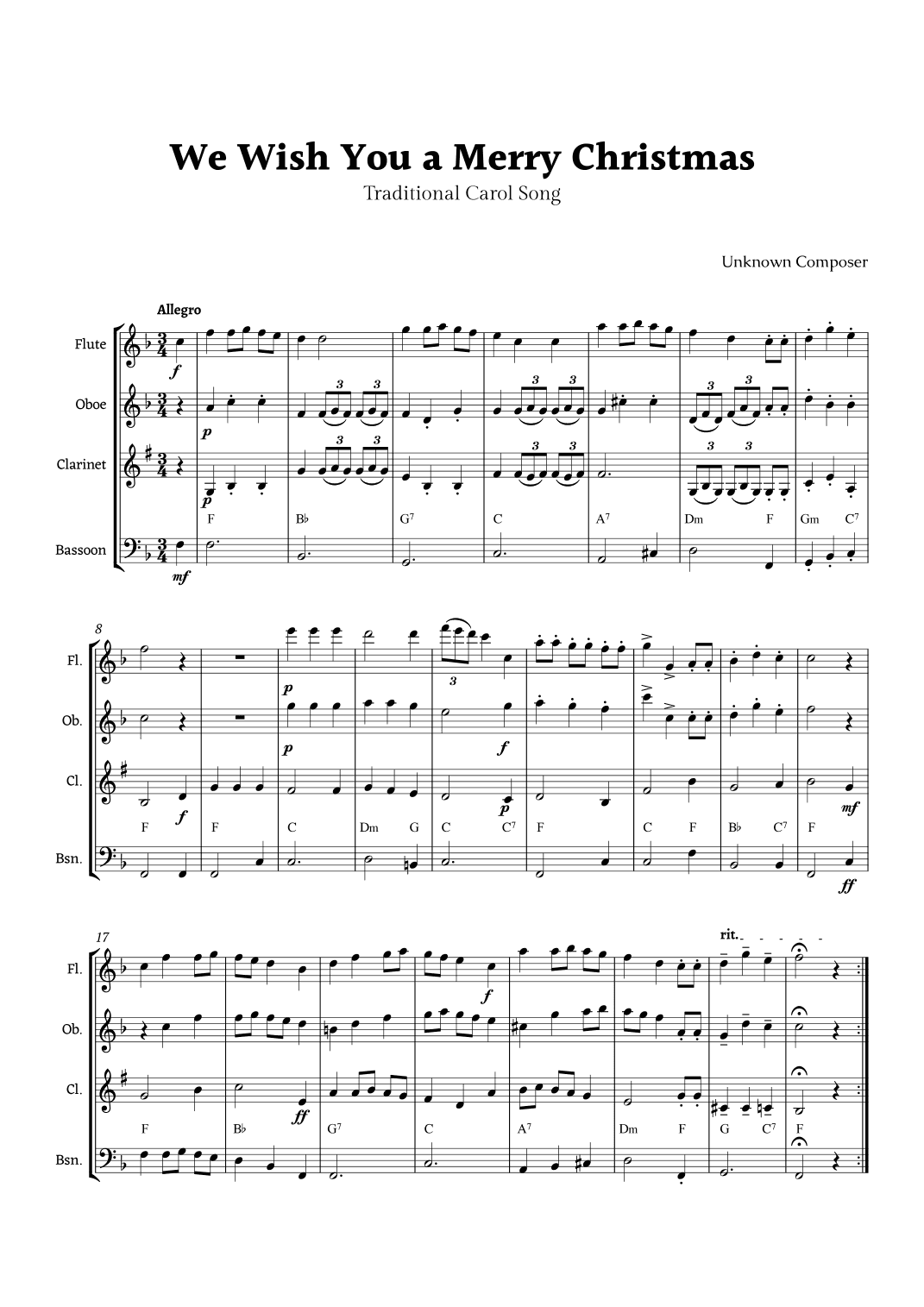 We Wish you a Merry Christmas for Woodwind Quartet with Chords (arr. Rika K.)