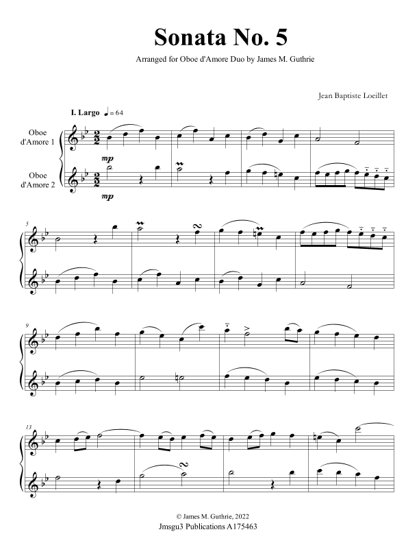 Loeillet: Sonata No. 5 for Oboe d’Amore Duo (arr. James M. Guthrie)