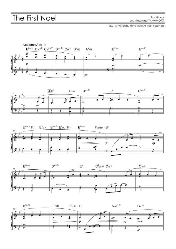 The First Noel [Piano solo / intermediate / Christmas Music Arr.] (arr. Masakazu YAMAMOTO)