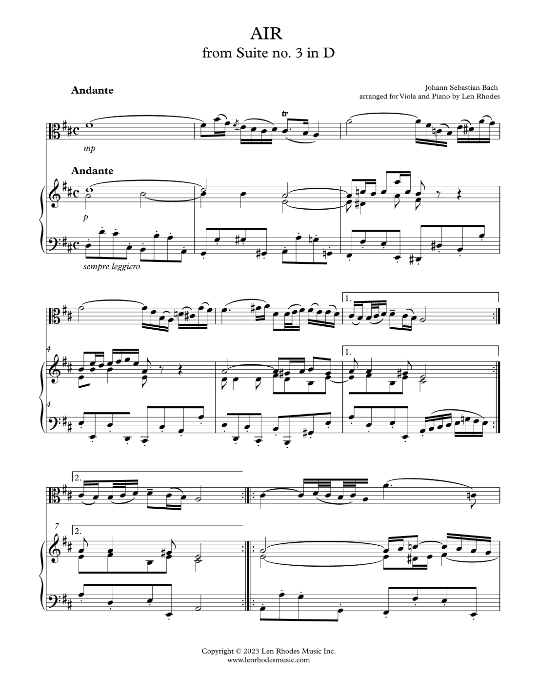 Bach - 'Air' from Suite no. 3 in D, for Viola and Piano (arr. Len Rhodes)