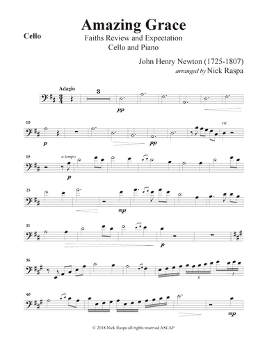 Amazing Grace (Cello & Piano) Cello part (arr. Nick Raspa)