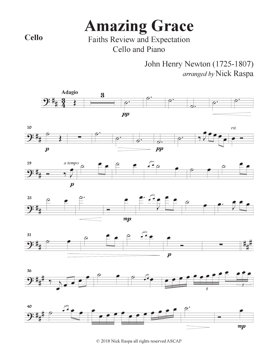 Amazing Grace (Cello & Piano) Cello part (arr. Nick Raspa)
