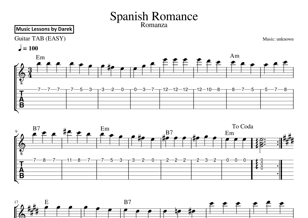 Spanish Romance / Romance d'Amour / Romanza (GUITAR TAB) (arr. Darek)
