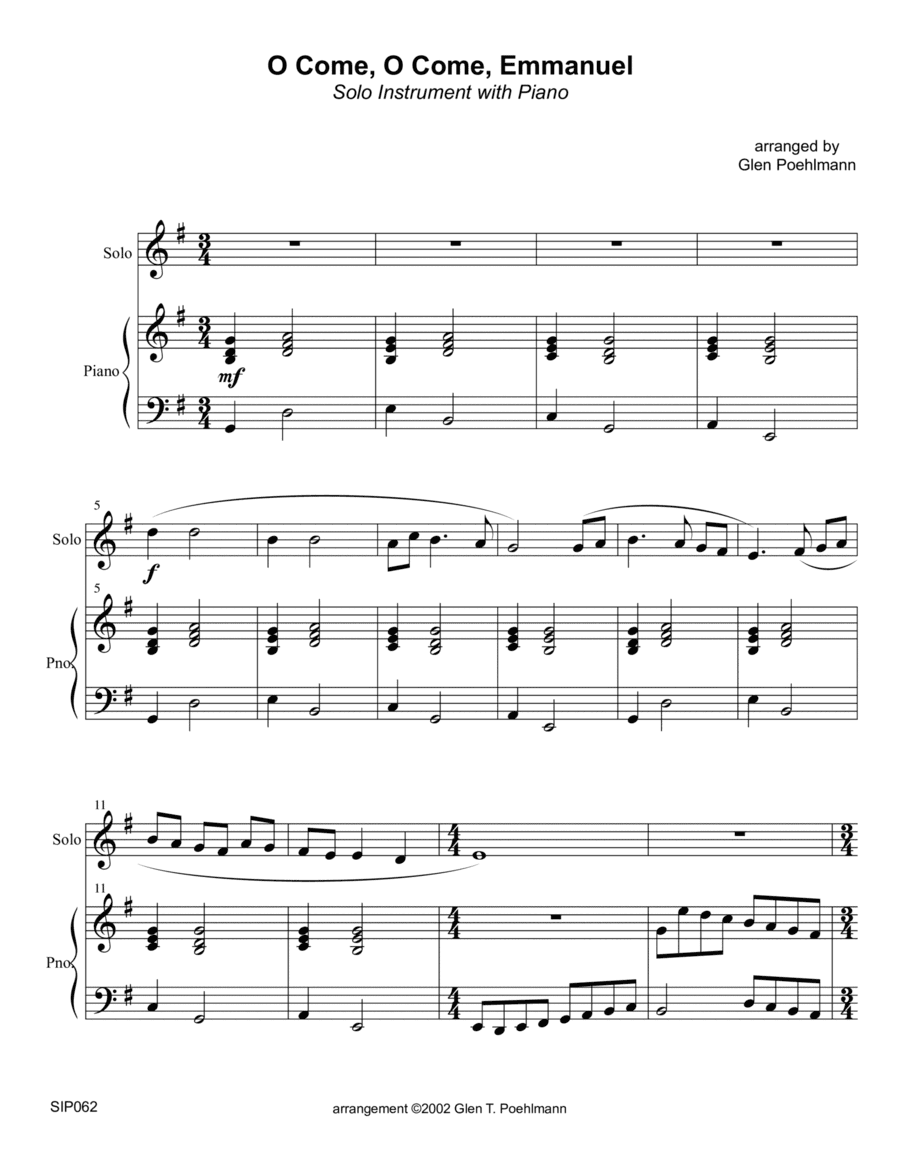 O COME O COME EMMANUEL - SOLO INSTRUMENT (or Group) with Piano Accompaniment (arr. Glen Poehlmann)