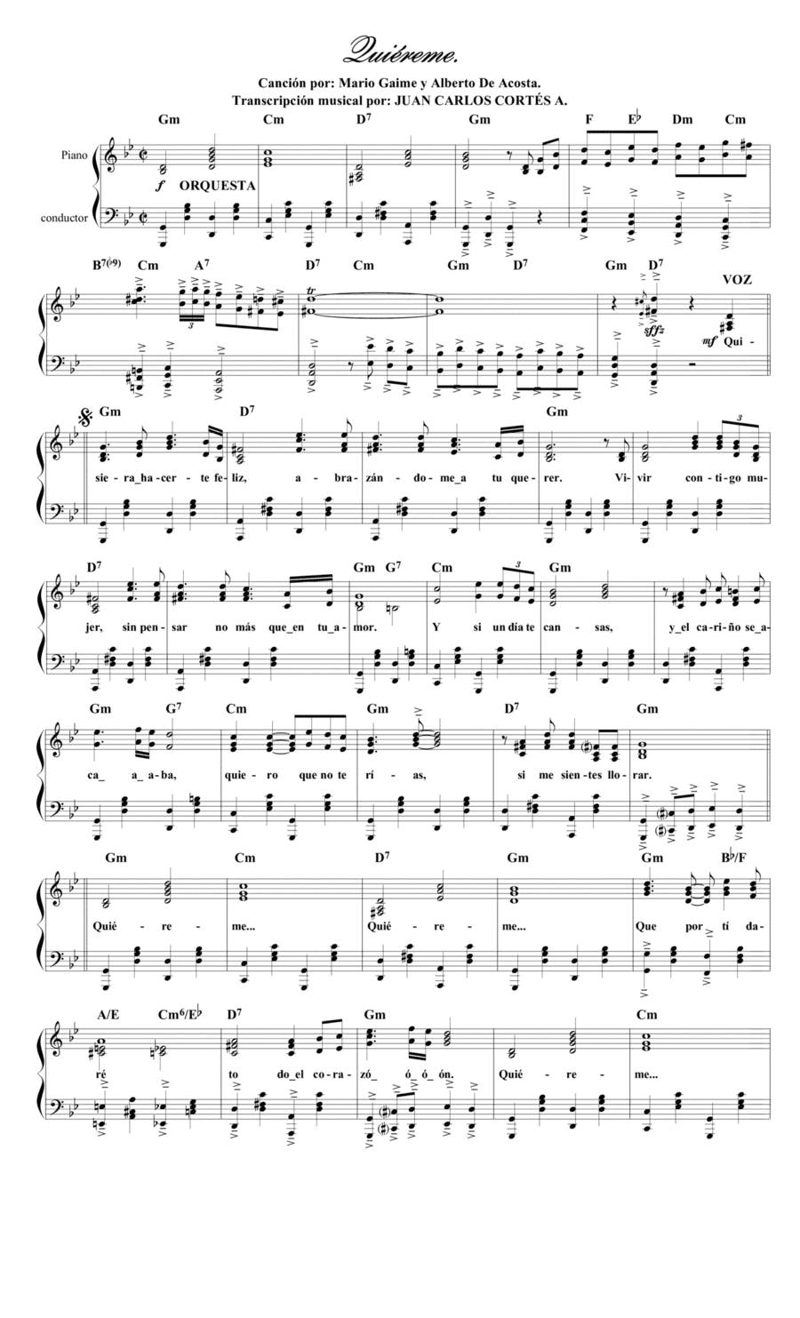 Quiéreme. Canción por Mario Jaime y Alberto De Acosta. (arr. Juan Carlos Cortés A.)