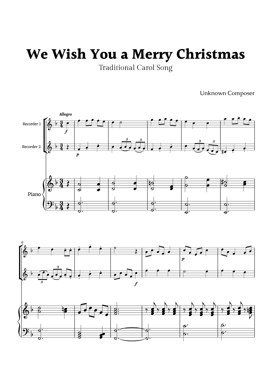 We Wish you a Merry Christmas for Recorder Duet with Piano (arr. Rika K.)