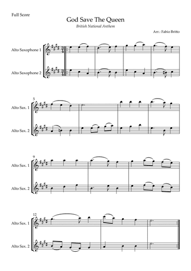 God Save The Queen (British National Anthem) for Alto Saxophone Duo (arr. Fabio Britto)