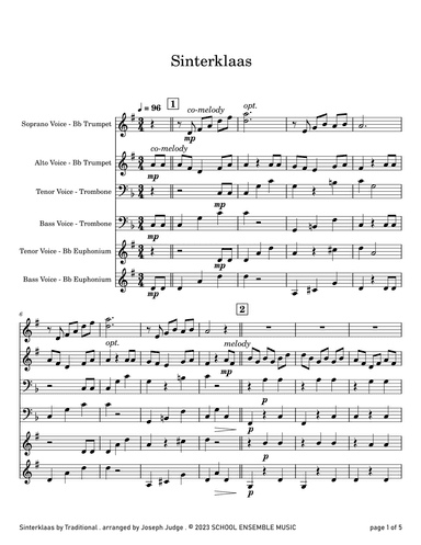 Sinterklaas for Brass Quartet in Schools (arr. Joseph Judge)