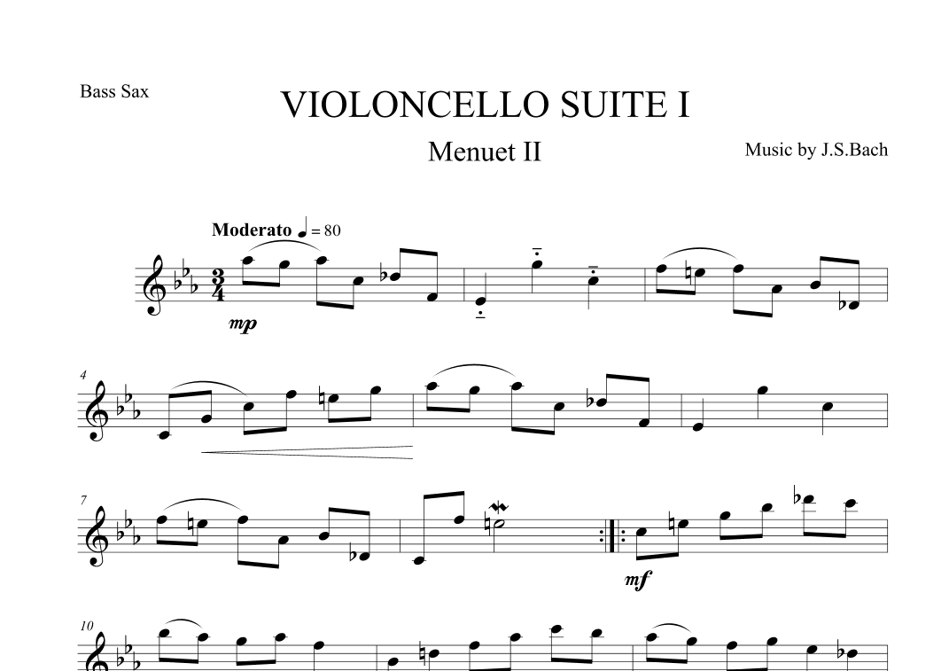 Menuet II from Violoncello Suite I by J.S.Bach for Bass Saxophone (arr. The Sheet Music Library)