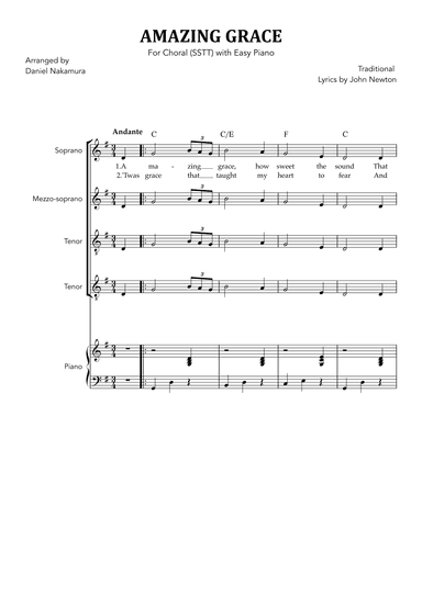 Amazing Grace (for Choral - SSTT with Easy Piano) (arr. Daniel Nakamura)