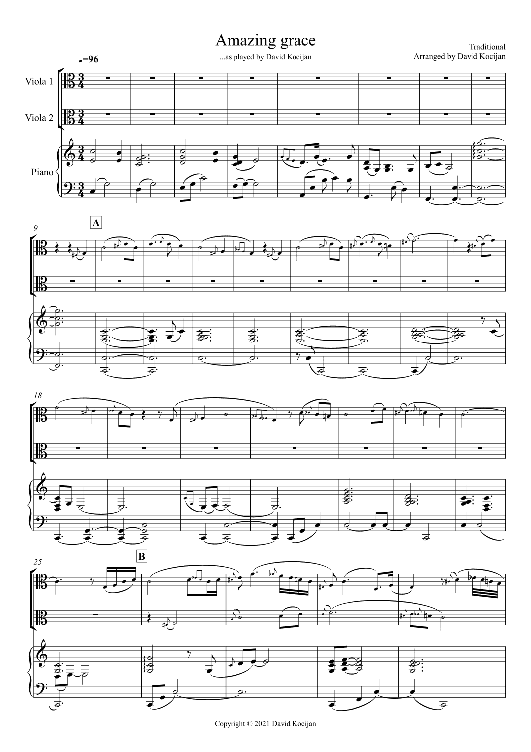 Amazing grace TRIO (Piano & 2 Violas) (arr. David Kocijan)